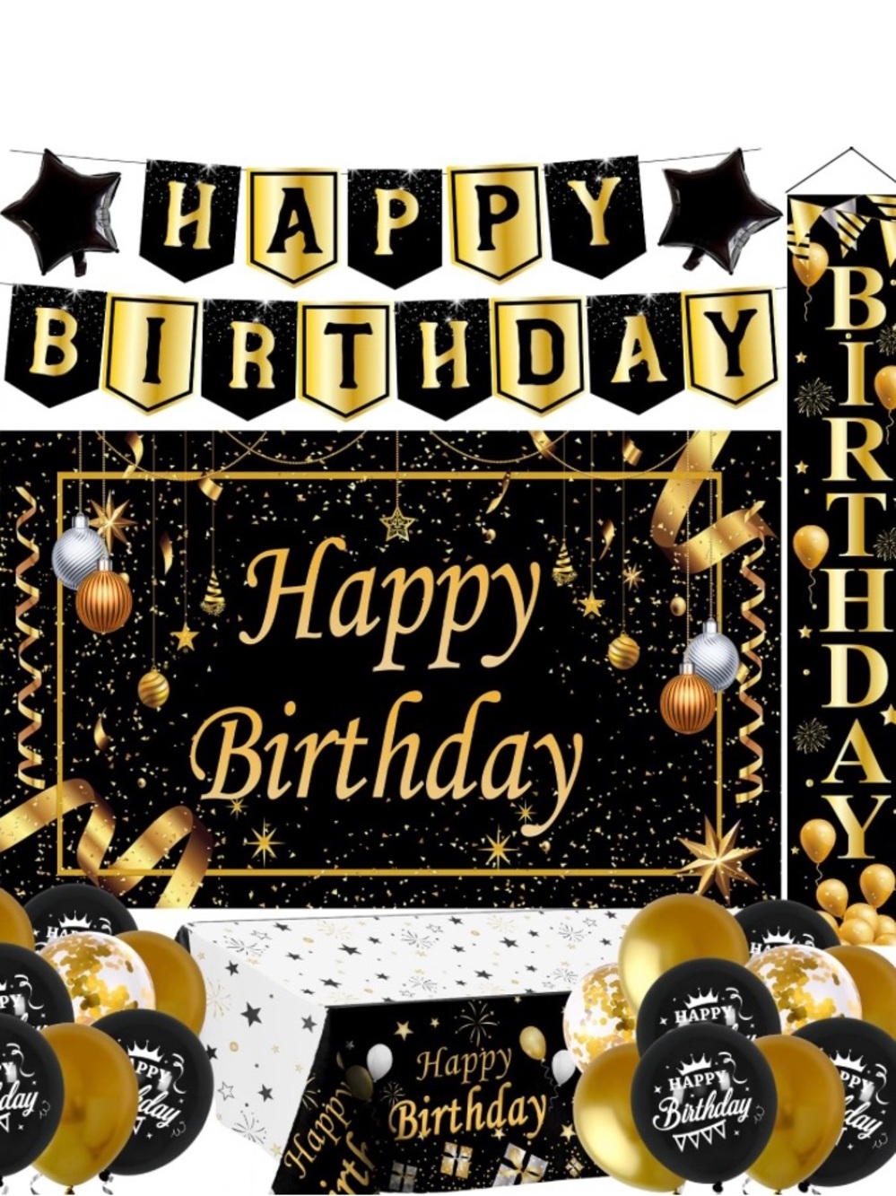 Happy Birthday Party Banner & Balloon Set - Black and Gold